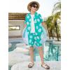 Haloumoning Boys 2 Piece Outfits Hawaiian Button Down Shirt and Shorts Sets Summer Beach Clothes 5-14 Years(Blue Green)