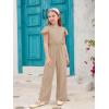 Haloumoning Girls Jumpsuit Kids Fashion Ruffle Cap Sleeve Wide Leg Rompers One Piece Outfits with Pockets(Khaki)