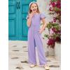 Haloumoning Girls Jumpsuit Kids Fashion Ruffle Cap Sleeve Wide Leg Rompers One Piece Outfits with Pockets(Purple)