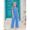 Haloumoning Girls Jumpsuit Kids Fashion Ruffle Cap Sleeve Wide Leg Rompers One Piece Outfits with Pockets(Royal Blue)