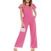 Haloumoning Girls Jumpsuit Kids Fashion Ruffle Cap Sleeve Wide Leg Rompers One Piece Outfits with Pockets(Hot Pink)