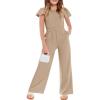 Haloumoning Girls Jumpsuit Kids Fashion Ruffle Cap Sleeve Wide Leg Rompers One Piece Outfits with Pockets(Khaki)