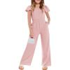 Haloumoning Girls Jumpsuit Kids Fashion Ruffle Cap Sleeve Wide Leg Rompers One Piece Outfits with Pockets(Pink)