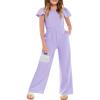 Haloumoning Girls Jumpsuit Kids Fashion Ruffle Cap Sleeve Wide Leg Rompers One Piece Outfits with Pockets(Purple)