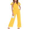 Haloumoning Girls Jumpsuit Kids Fashion Ruffle Cap Sleeve Wide Leg Rompers One Piece Outfits with Pockets(Yellow)
