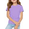 Haloumoning Girls Short Sleeve T Shirts Kids Ruched Side Slim Fit Tops Casual Crewneck Tees 5-14 Years(Light Purple)
