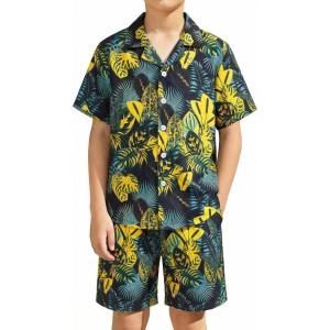Haloumoning Boys 2 Piece Outfits Hawaiian Button Down Shirt and Shorts Sets Summer Beach Clothes 5-14 Years(Black)