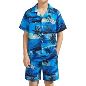 Haloumoning Boys 2 Piece Outfits Hawaiian Button Down Shirt and Shorts Sets Summer Beach Clothes 5-14 Years(Blue)