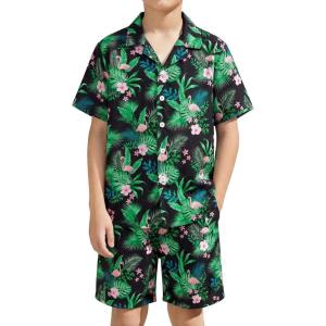 Haloumoning Boys 2 Piece Outfits Hawaiian Button Down Shirt and Shorts Sets Summer Beach Clothes 5-14 Years(Green)