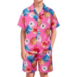 Haloumoning Boys 2 Piece Outfits Hawaiian Button Down Shirt and Shorts Sets Summer Beach Clothes 5-14 Years(Pink)