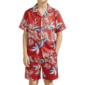 Haloumoning Boys 2 Piece Outfits Hawaiian Button Down Shirt and Shorts Sets Summer Beach Clothes 5-14 Years(Red)