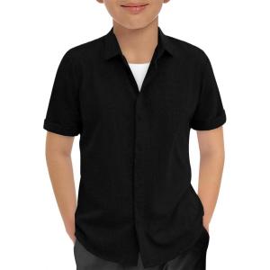 Haloumoning Boys Short Sleeve Dress Shirts Kids Summer Beach Button Down Shirt 5-14 Years(Black)