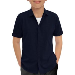 Haloumoning Boys Short Sleeve Dress Shirts Kids Summer Beach Button Down Shirt 5-14 Years(Dark Blue)