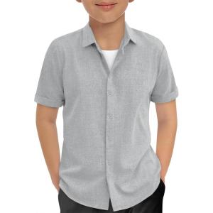 Haloumoning Boys Short Sleeve Dress Shirts Kids Summer Beach Button Down Shirt 5-14 Years(Gray)