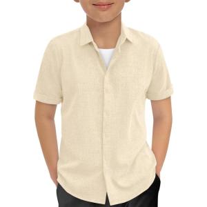 Haloumoning Boys Short Sleeve Dress Shirts Kids Summer Beach Button Down Shirt 5-14 Years(Khaki)