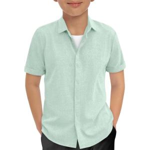 Haloumoning Boys Short Sleeve Dress Shirts Kids Summer Beach Button Down Shirt 5-14 Years(Light Green)