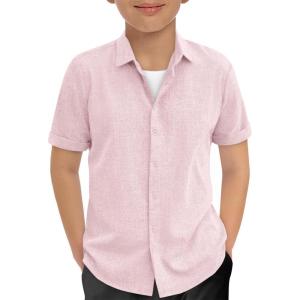 Haloumoning Boys Short Sleeve Dress Shirts Kids Summer Beach Button Down Shirt 5-14 Years(Pink)