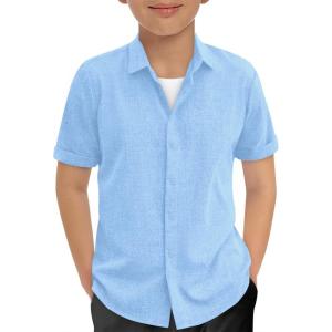 Haloumoning Boys Short Sleeve Dress Shirts Kids Summer Beach Button Down Shirt 5-14 Years(Sky Blue)