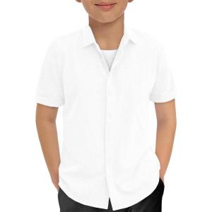 Haloumoning Boys Short Sleeve Dress Shirts Kids Summer Beach Button Down Shirt 5-14 Years(White)