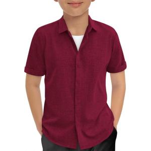 Haloumoning Boys Short Sleeve Dress Shirts Kids Summer Beach Button Down Shirt 5-14 Years(Wine Red)