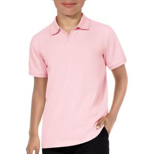 Haloumoning Boys Short Sleeve Polo Shirts Kids Casual V-Neck School Uniform Golf Pique Polo Shirt 5-14 Years(Pink)