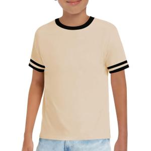 Haloumoning Boys Short Sleeve T Shirts Kids Summer Crewneck Color Block Tops Fashion Tees 5-14 Years(Beige)
