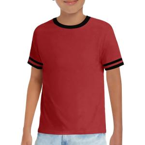 Haloumoning Boys Short Sleeve T Shirts Kids Summer Crewneck Color Block Tops Fashion Tees 5-14 Years(Dark Red)
