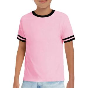 Haloumoning Boys Short Sleeve T Shirts Kids Summer Crewneck Color Block Tops Fashion Tees 5-14 Years(Pink)