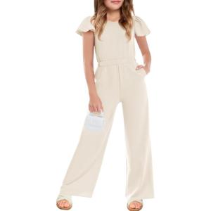 Haloumoning Girls Jumpsuit Kids Fashion Ruffle Cap Sleeve Wide Leg Rompers One Piece Outfits with Pockets(Beige)