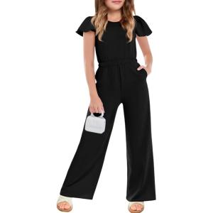 Haloumoning Girls Jumpsuit Kids Fashion Ruffle Cap Sleeve Wide Leg Rompers One Piece Outfits with Pockets(Black)
