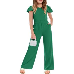 Haloumoning Girls Jumpsuit Kids Fashion Ruffle Cap Sleeve Wide Leg Rompers One Piece Outfits with Pockets(Dark Green)