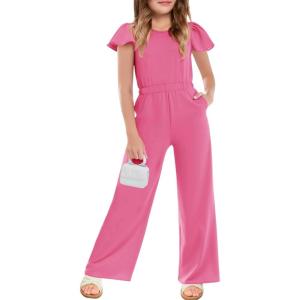 Haloumoning Girls Jumpsuit Kids Fashion Ruffle Cap Sleeve Wide Leg Rompers One Piece Outfits with Pockets(Hot Pink)