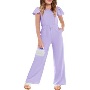 Haloumoning Girls Jumpsuit Kids Fashion Ruffle Cap Sleeve Wide Leg Rompers One Piece Outfits with Pockets(Purple)