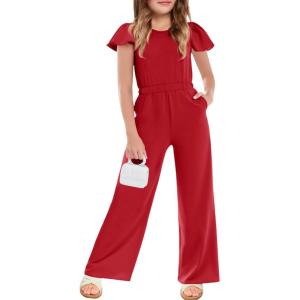 Haloumoning Girls Jumpsuit Kids Fashion Ruffle Cap Sleeve Wide Leg Rompers One Piece Outfits with Pockets(Red)
