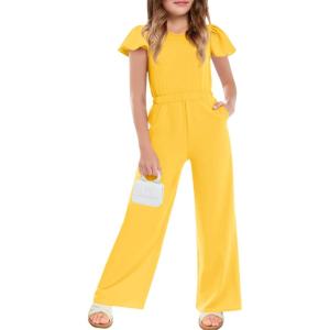 Haloumoning Girls Jumpsuit Kids Fashion Ruffle Cap Sleeve Wide Leg Rompers One Piece Outfits with Pockets(Yellow)