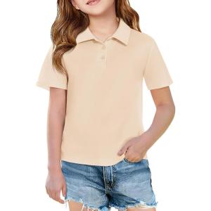 Haloumoning Girls Short Sleeve Polo Shirts Kids School Uniform Pique Polo Shirt 5-14 Years(Beige)