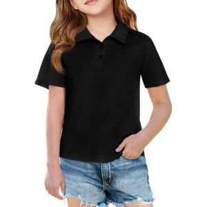 Haloumoning Girls Short Sleeve Polo Shirts Kids School Uniform Pique Polo Shirt 5-14 Years(Black)