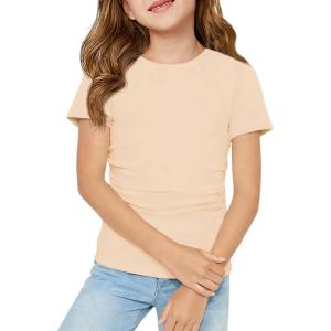 Haloumoning Girls Short Sleeve T Shirts Kids Ruched Side Slim Fit Tops Casual Crewneck Tees 5-14 Years(Apricot)