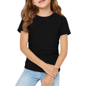 Haloumoning Girls Short Sleeve T Shirts Kids Ruched Side Slim Fit Tops Casual Crewneck Tees 5-14 Years(Black)