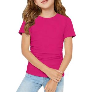 Haloumoning Girls Short Sleeve T Shirts Kids Ruched Side Slim Fit Tops Casual Crewneck Tees 5-14 Years(Hot Pink)