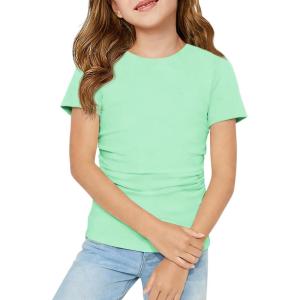 Haloumoning Girls Short Sleeve T Shirts Kids Ruched Side Slim Fit Tops Casual Crewneck Tees 5-14 Years(Mint Green)
