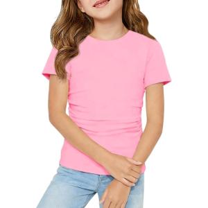 Haloumoning Girls Short Sleeve T Shirts Kids Ruched Side Slim Fit Tops Casual Crewneck Tees 5-14 Years(Pink)