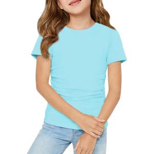 Haloumoning Girls Short Sleeve T Shirts Kids Ruched Side Slim Fit Tops Casual Crewneck Tees 5-14 Years(Sky Blue)