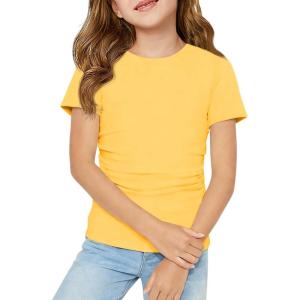 Haloumoning Girls Short Sleeve T Shirts Kids Ruched Side Slim Fit Tops Casual Crewneck Tees 5-14 Years(Yellow)