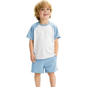 Haloumoning Toddler Baby Boy 2 Piece Summer Outfits Kids Colorblock Short Sleeve Raglan T Shirts and Shorts Set Clothes 1-8Y(Blue)