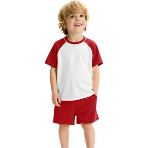 Haloumoning Toddler Baby Boy 2 Piece Summer Outfits Kids Colorblock Short Sleeve Raglan T Shirts and Shorts Set Clothes 1-8Y(Red)