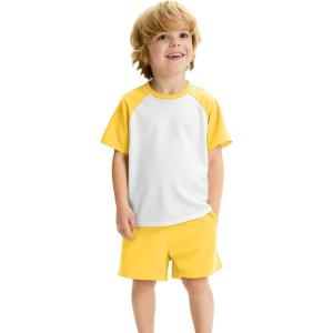 Haloumoning Toddler Baby Boy 2 Piece Summer Outfits Kids Colorblock Short Sleeve Raglan T Shirts and Shorts Set Clothes 1-8Y(Yellow)