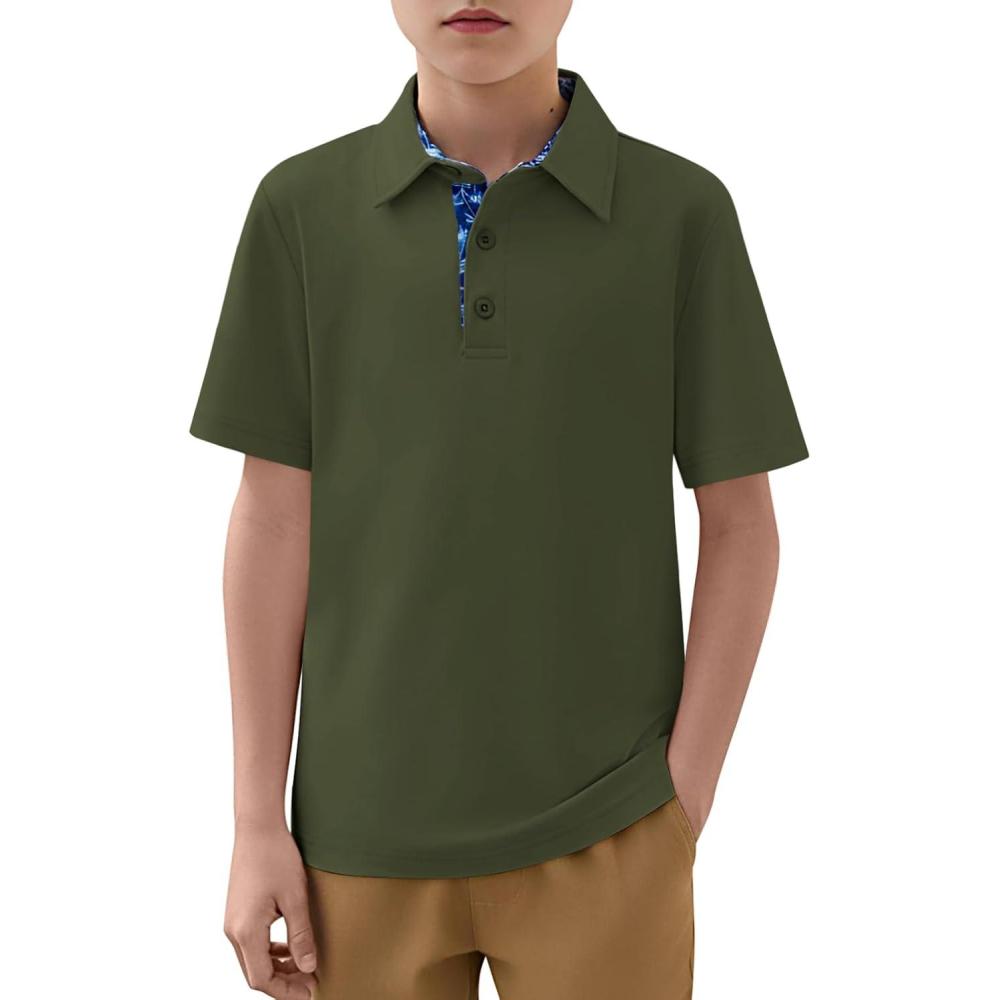 image:imageHaloumoning Boys Short Sleeve Polo Shirts Kids Athletic Performance Golf Polo School Uniform Collared Shirt 514YArmy Green