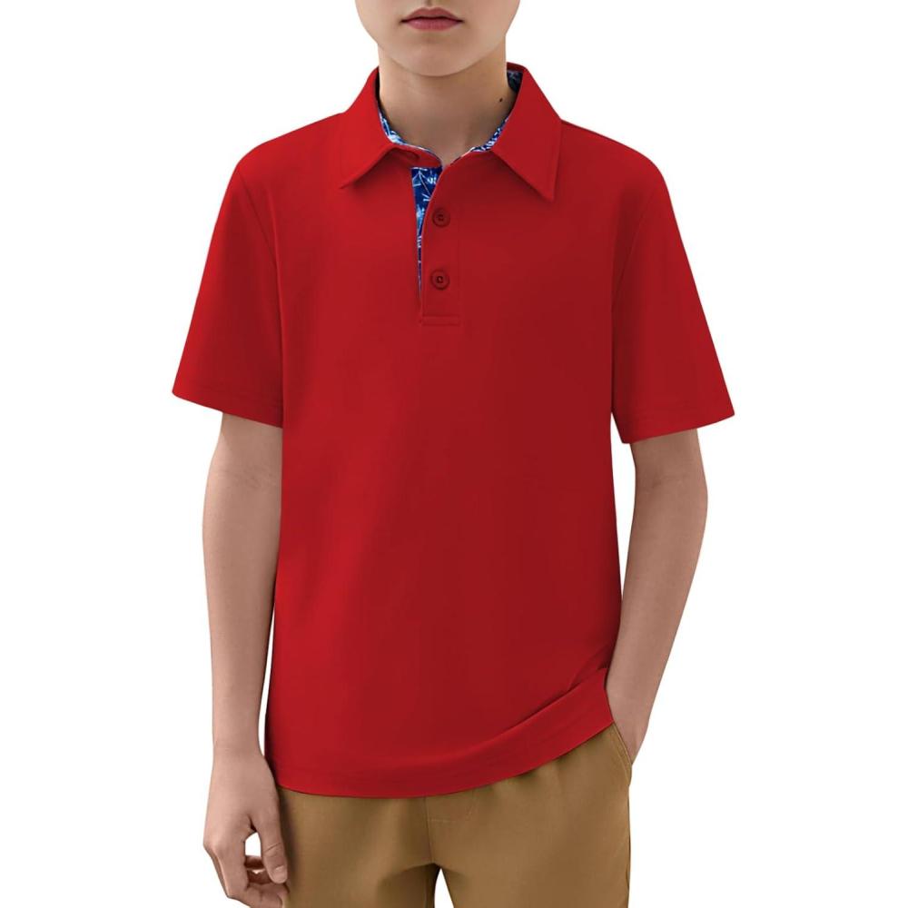 image:imageHaloumoning Boys Short Sleeve Polo Shirts Kids Athletic Performance Golf Polo School Uniform Collared Shirt 514YRed