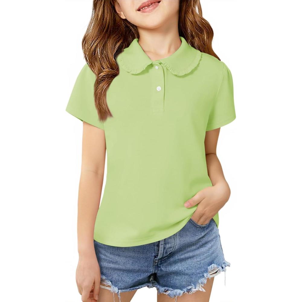 image:imageHaloumoning Girls Short Sleeve Polo Shirt Kids Cute Ruffle Peter Pan Collar School Uniform Shirts Tops 514 YearsPea Green